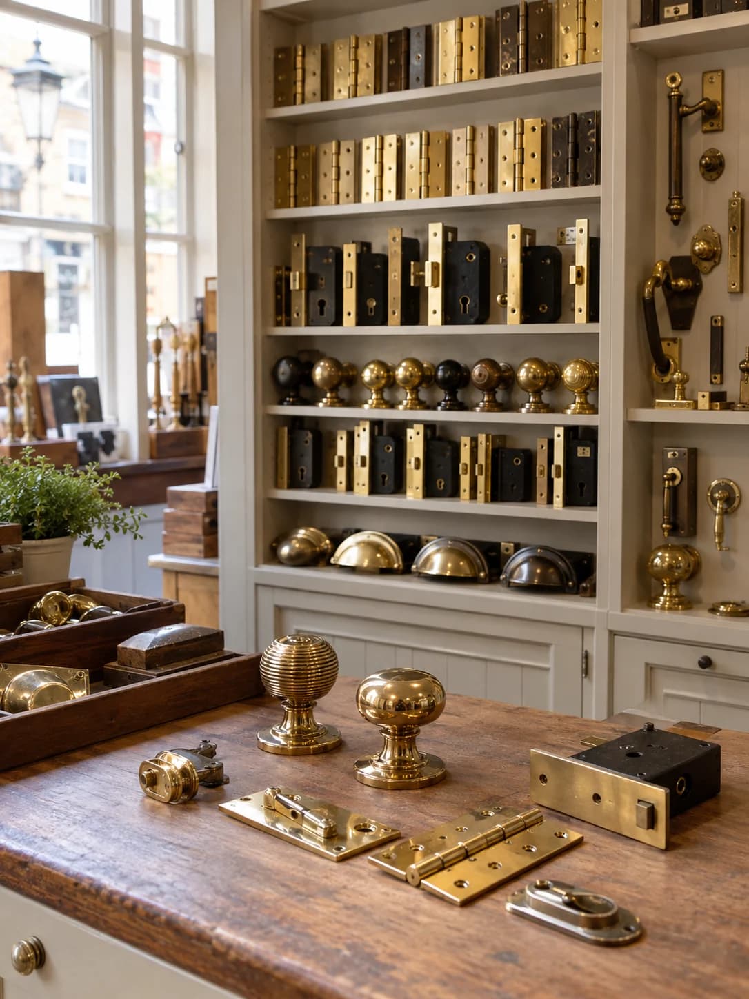 Brass door hardware displayed on shop shelves