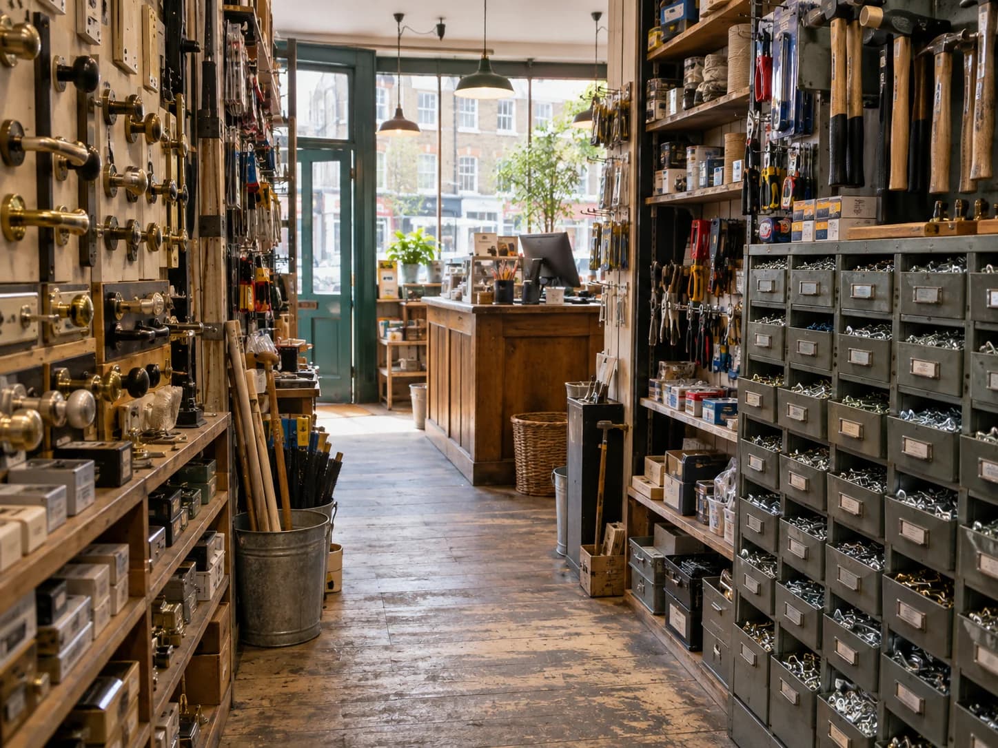Narrow ironmongery shop aisle with organised fixings and hardware