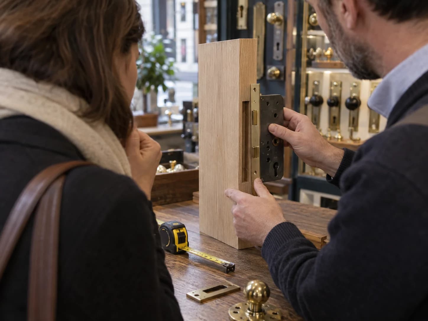 Customer and ironmongery specialist checking a mortice lock against a timber sample