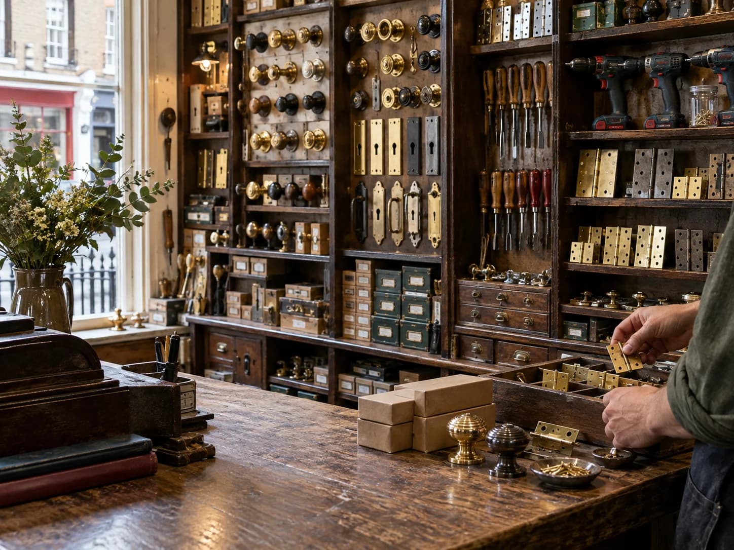 Ironmongery and power tools arranged around a working shop counter