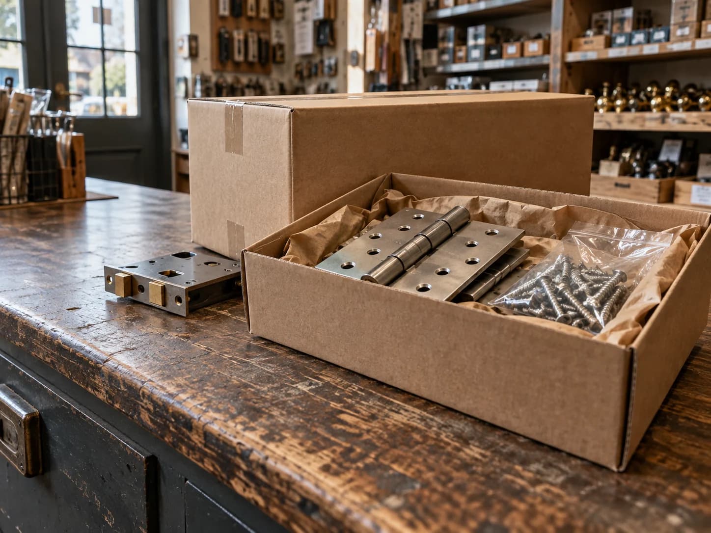 Boxed ironmongery order ready for collection on a shop counter