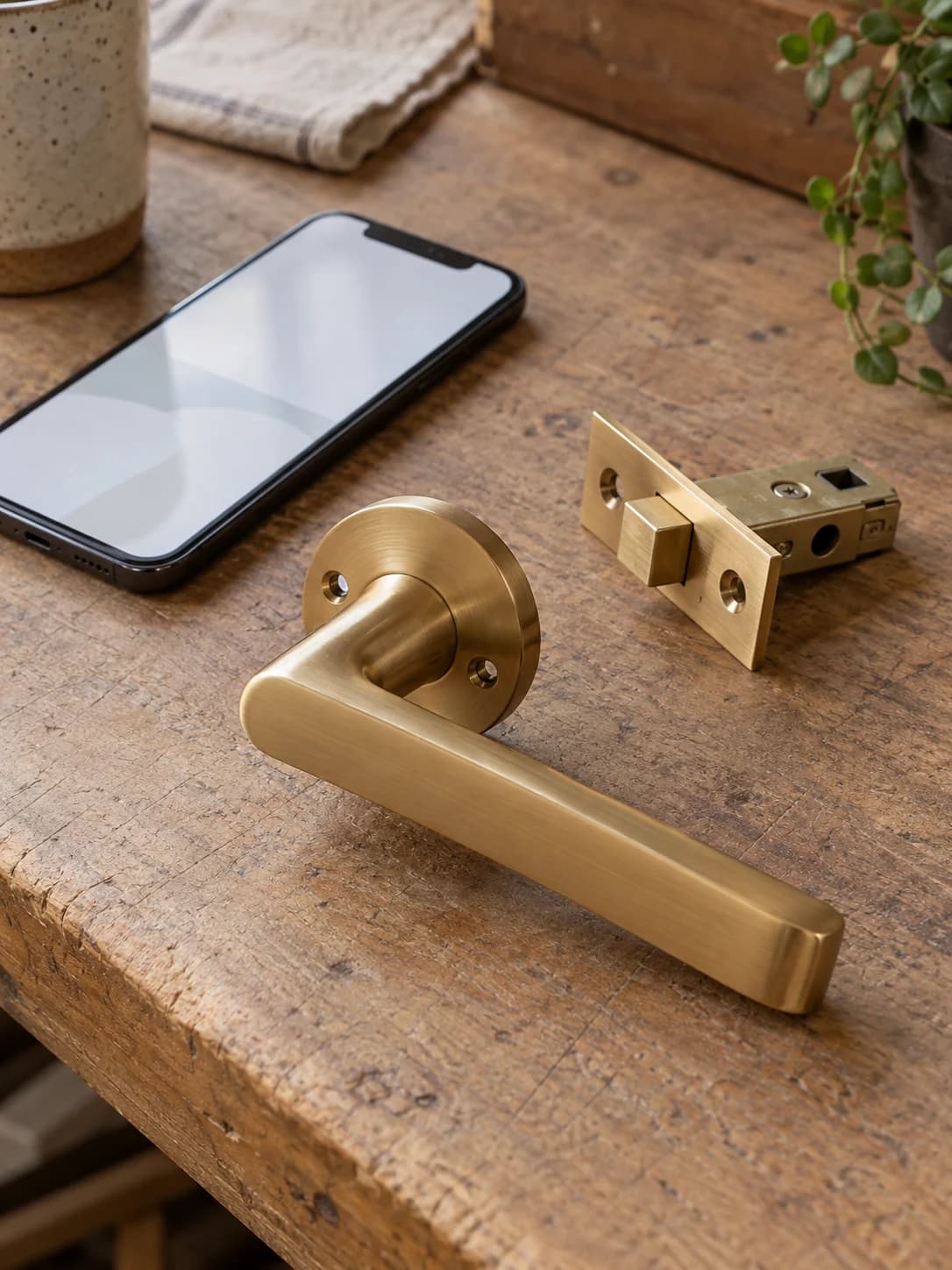 Brass door handle and phone beside one another on a workbench