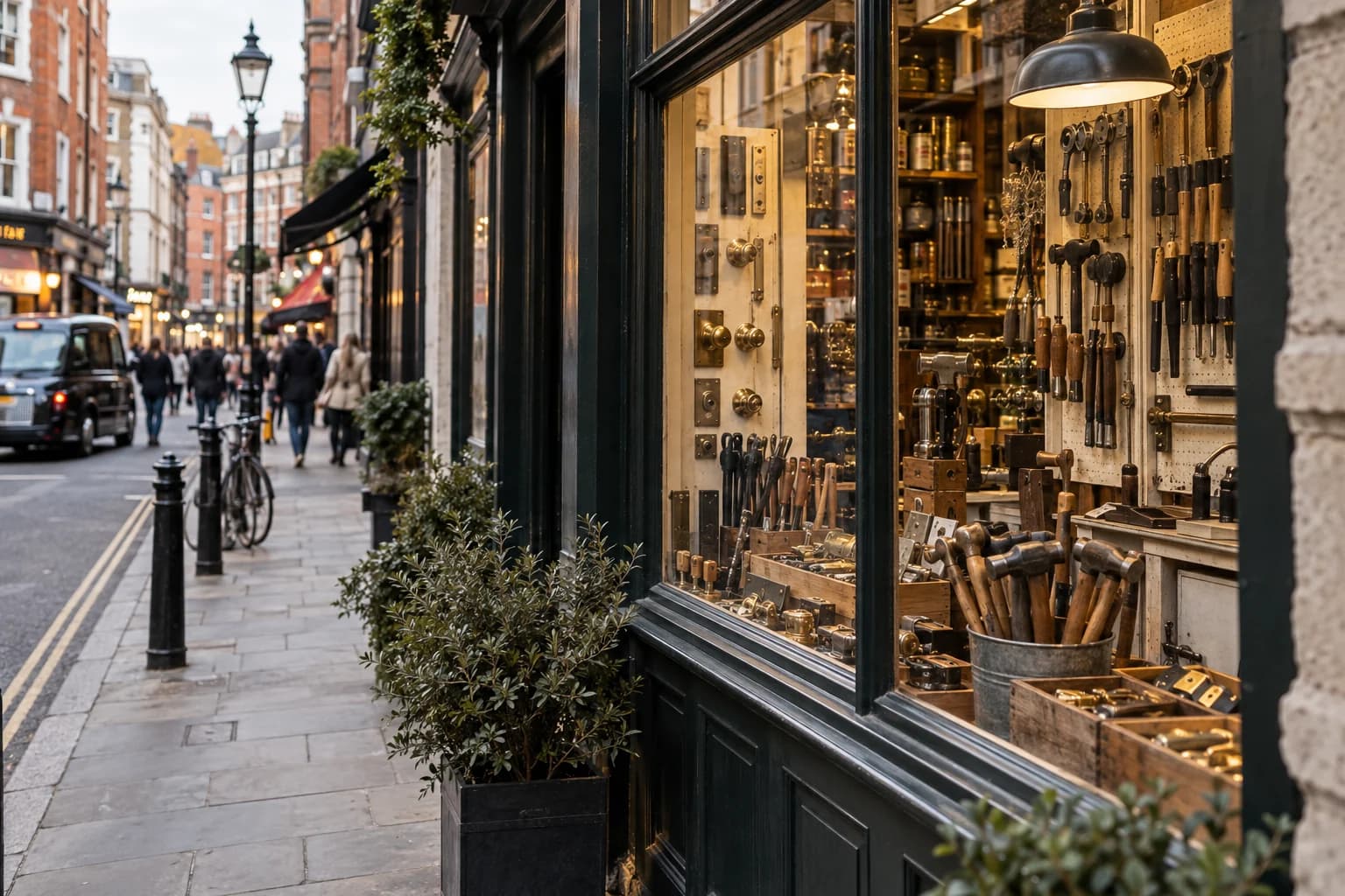 Illustrative ironmongery shop scene in Soho