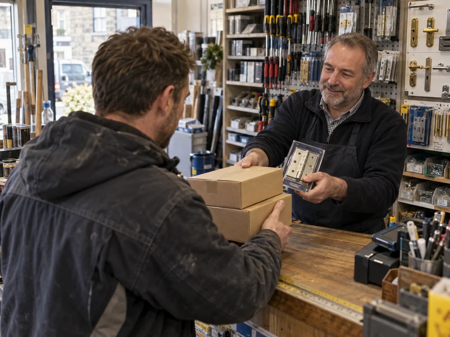 Trade customer collecting boxed hardware at a shop counter