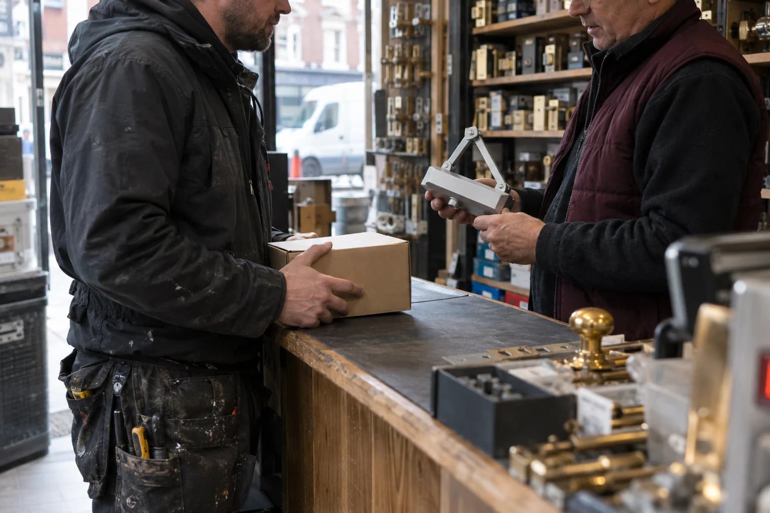 Tradesperson discussing door hardware at a trade counter
