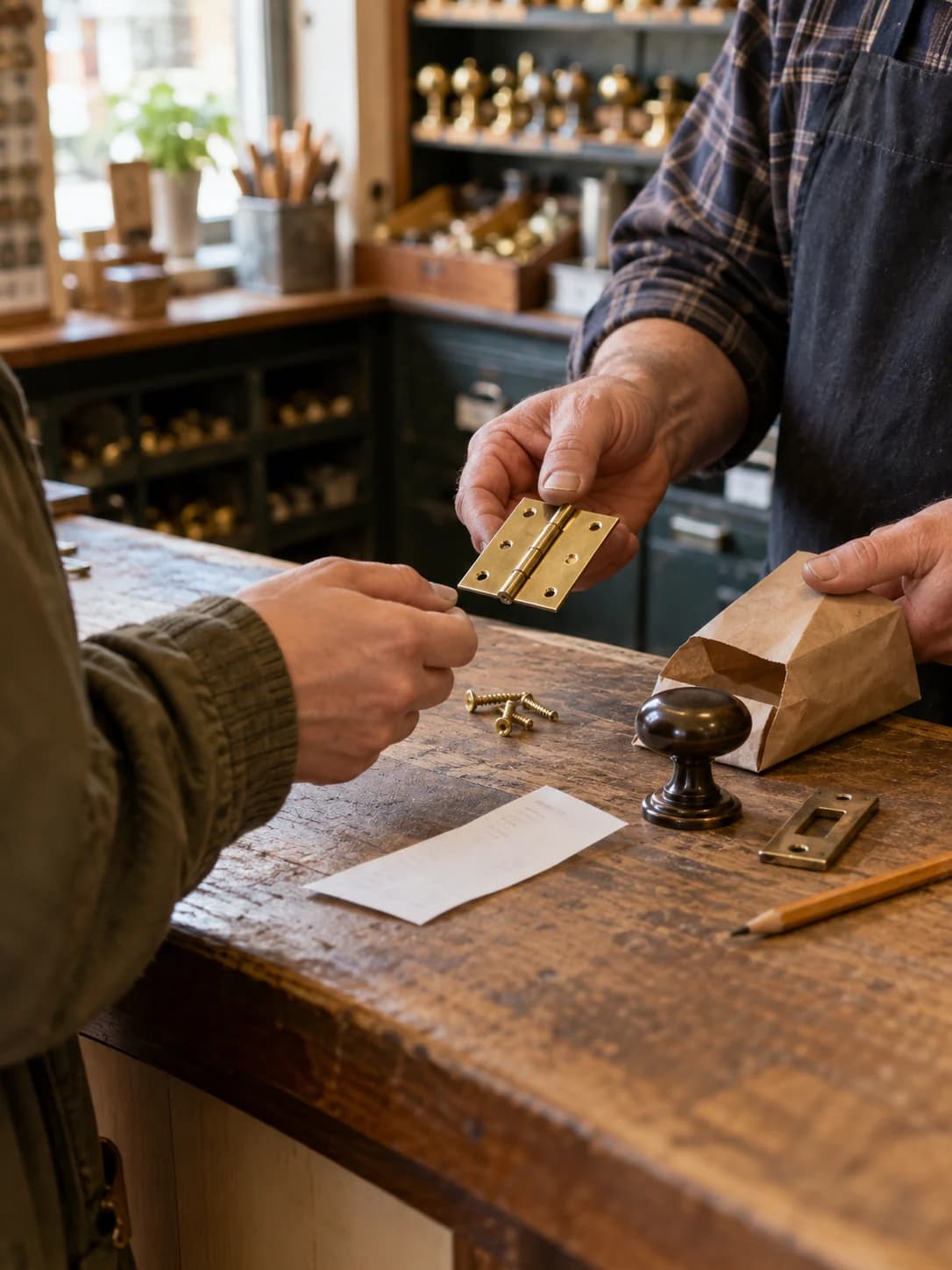 Customer purchasing door fittings at an ironmongery counter
